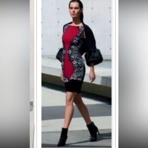 New ▶️ JOSEPH RIBKOFF ◀️ Lace Print Red, Black, Cream Sleeveless Sheath Dress